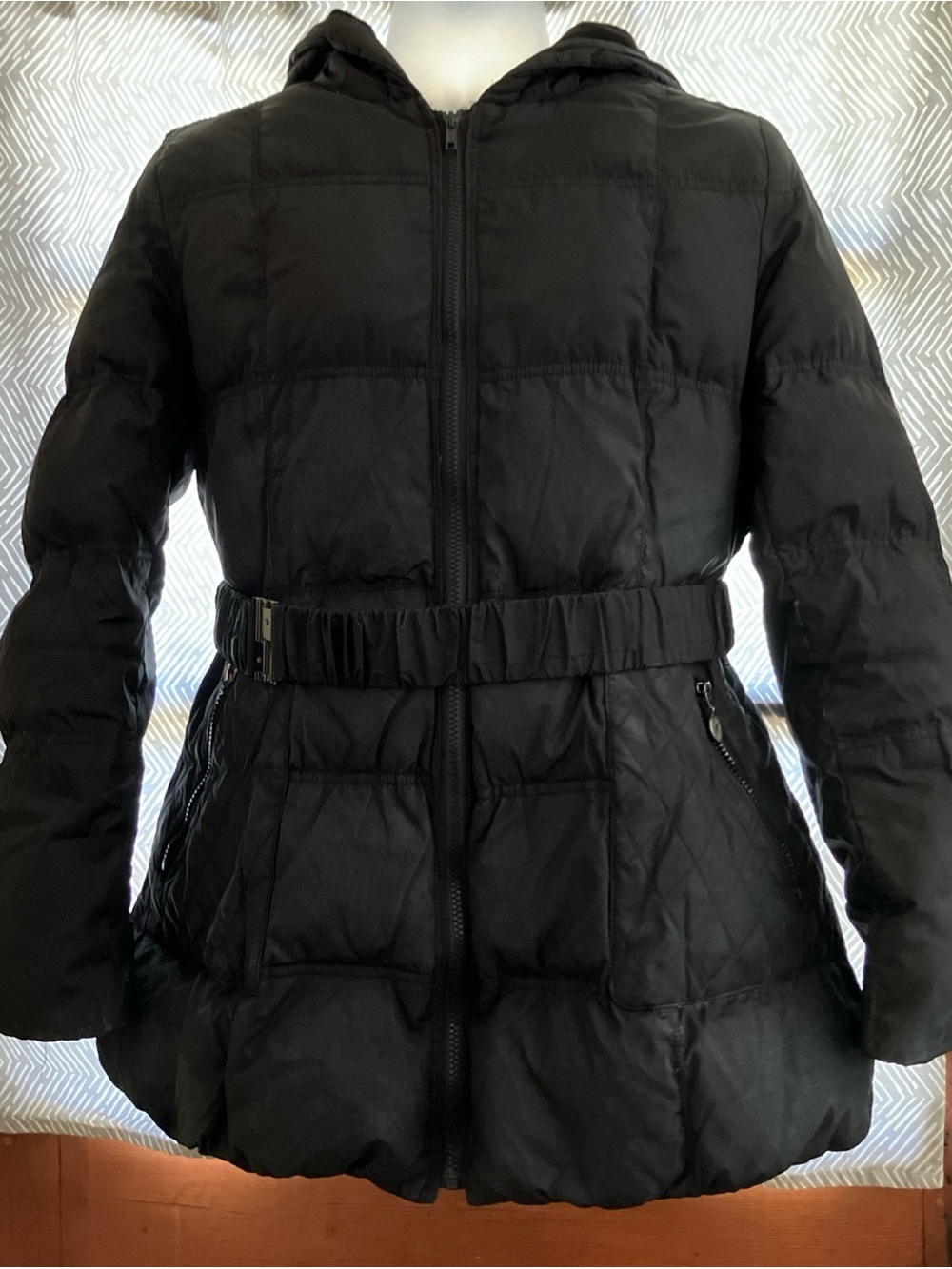 Betsey Johnson Black Quilted Hooded Belted Puffer Jacket